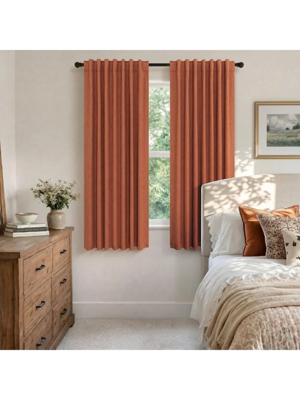63-Inch Terracotta Blackout Curtains - 2 Panels, Boho Linen, Room Darkening for